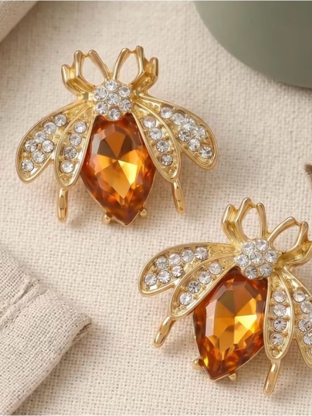 Gold Bee Crystal Drop Earrings in Amber